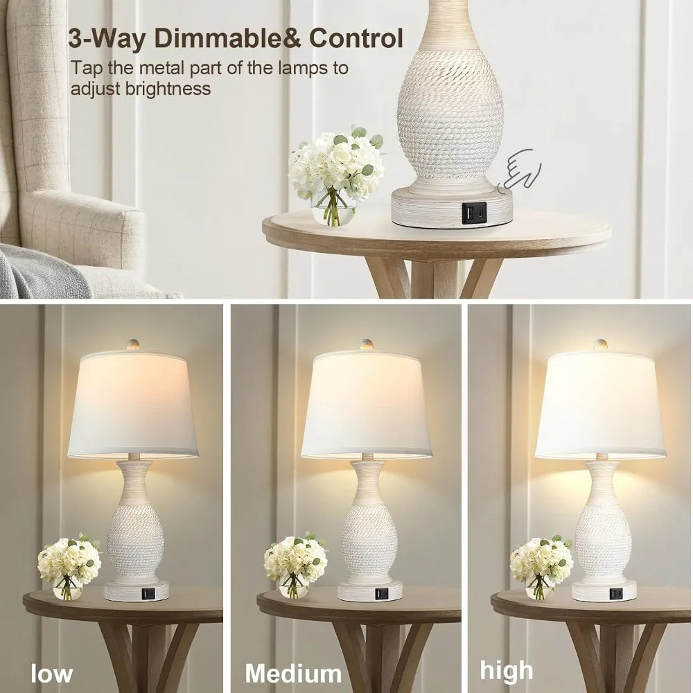 Set of 2 touch table lamps by S And B Enterprise with white fabric shade USB charging LED bulbs included 3-way dimmable