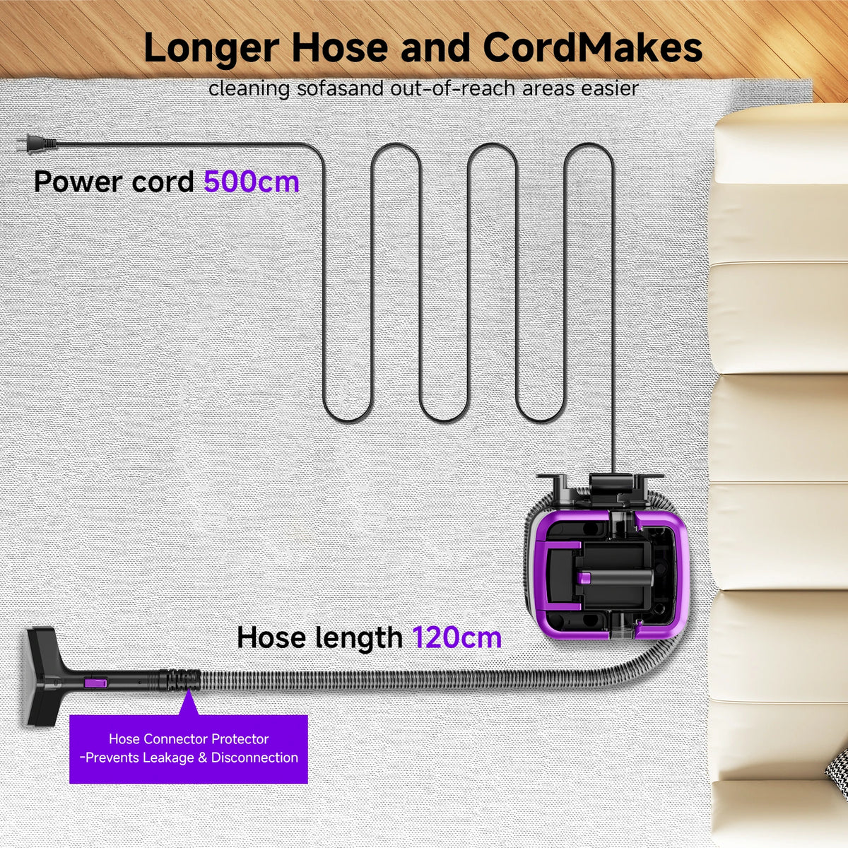 Honki 530W carpet cleaner handheld, purple unit with 500cm power cord and 120cm hose