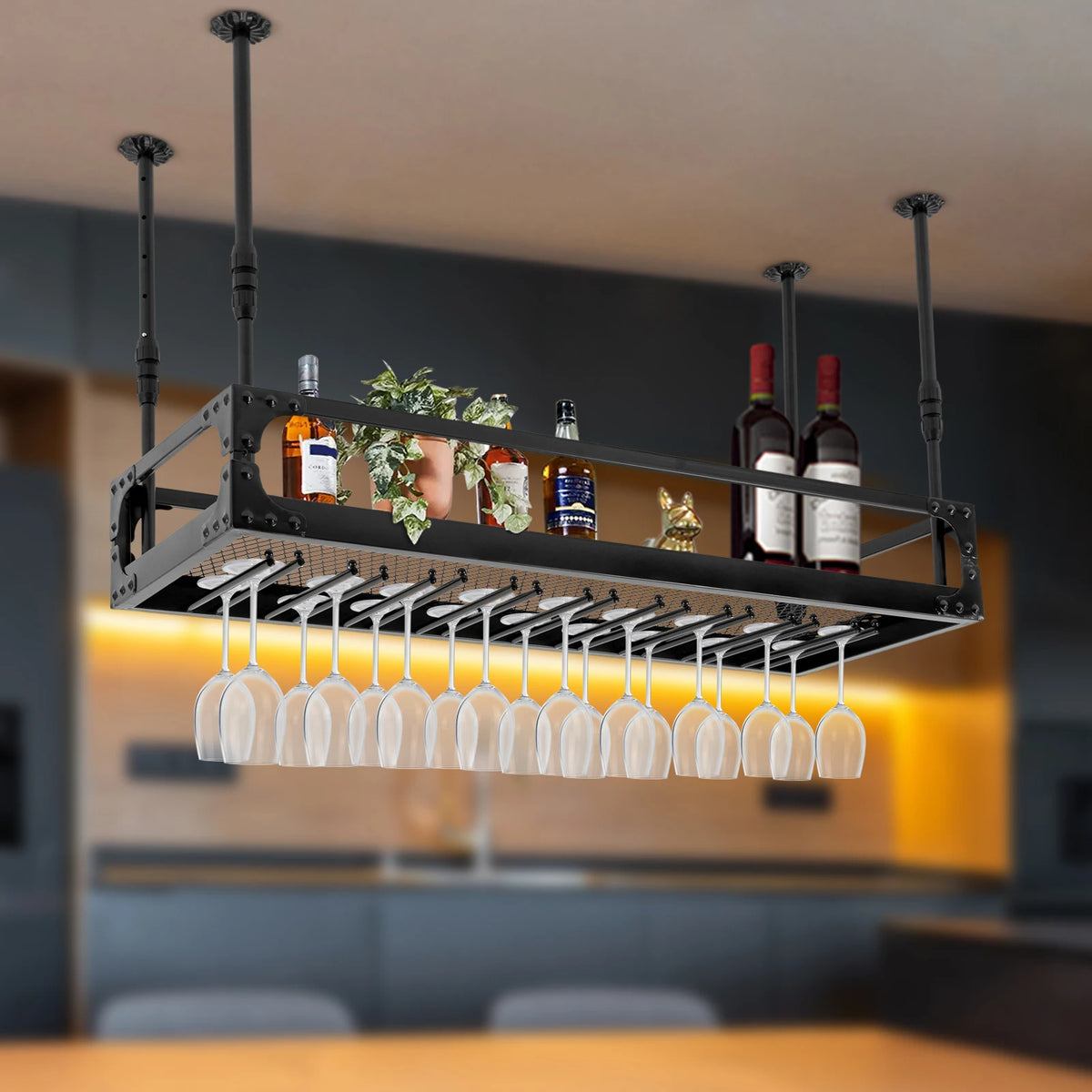 Vintage ceiling-mounted wine bar rack by S And B Enterprise; steel frame with hanging glasses and bottle shelf, 100cm