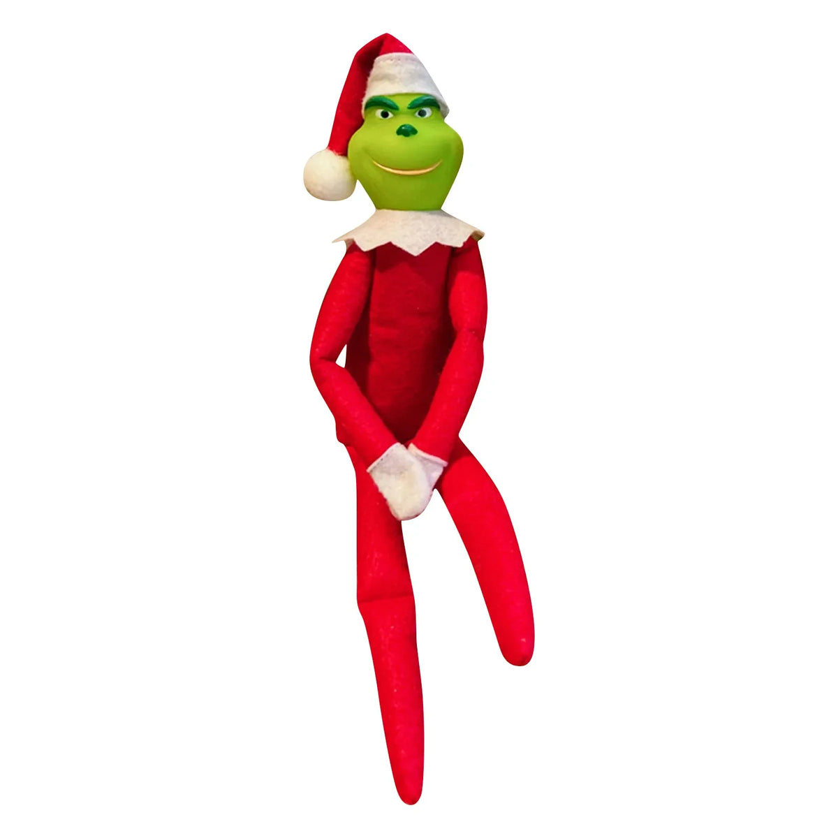 Elf plush doll in red Santa suit with white trim and hat, green face