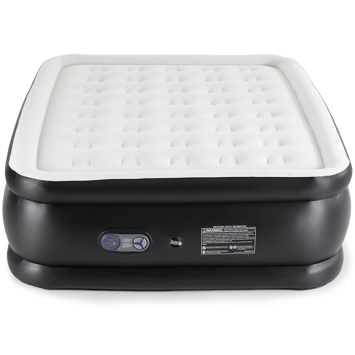 MCQ 18IN tall air mattress by S And B Enterprise with built-in pump, white top, black base, 660 lb capacity.