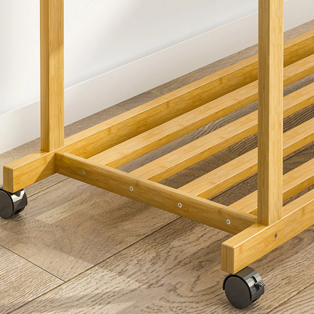 Bamboo clothes rack with double hanging rails on wheels, free-standing garment rack with storage shelves