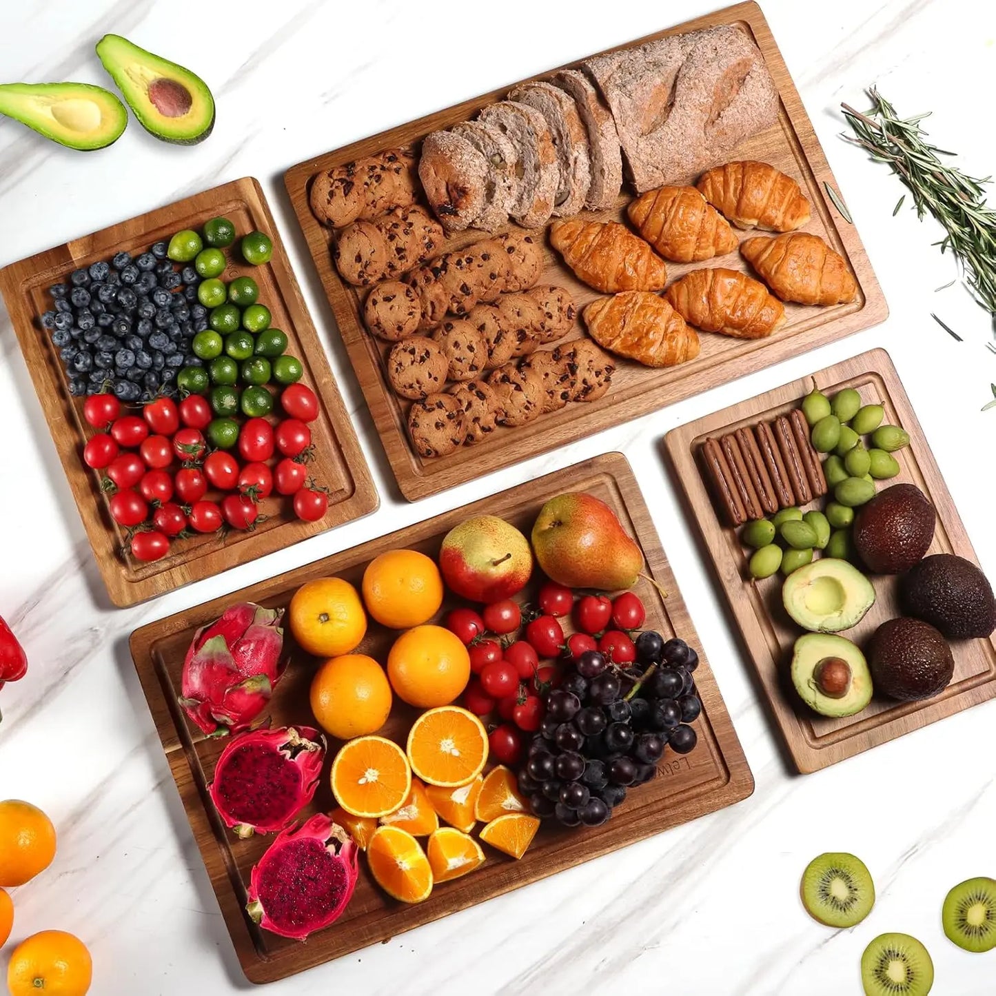 Wood Cutting Boards Set Of 4 With Juice Grooves Handles