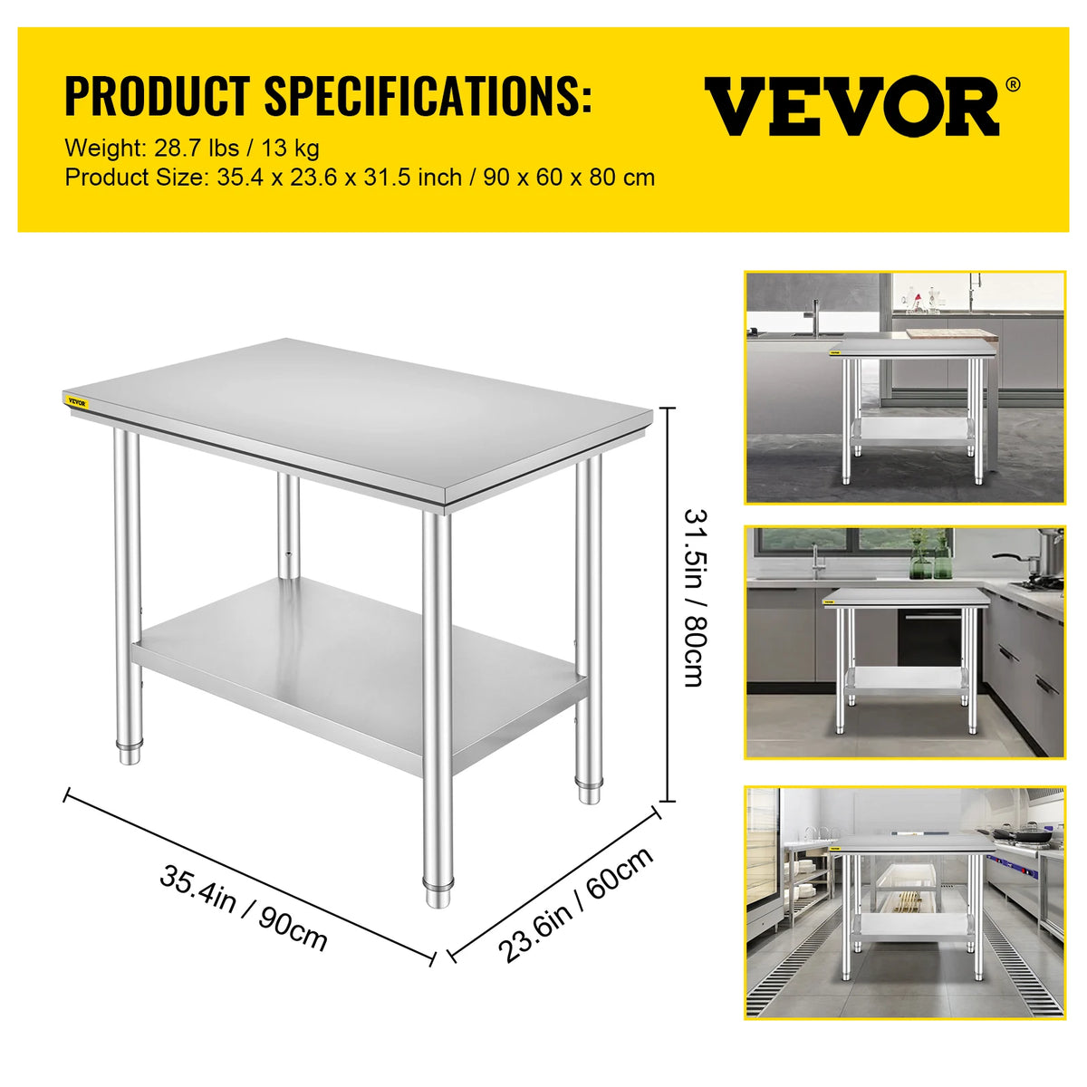 Stainless steel kitchen work bench with undershelf, VEVOR label, 90 × 60 × 80 cm