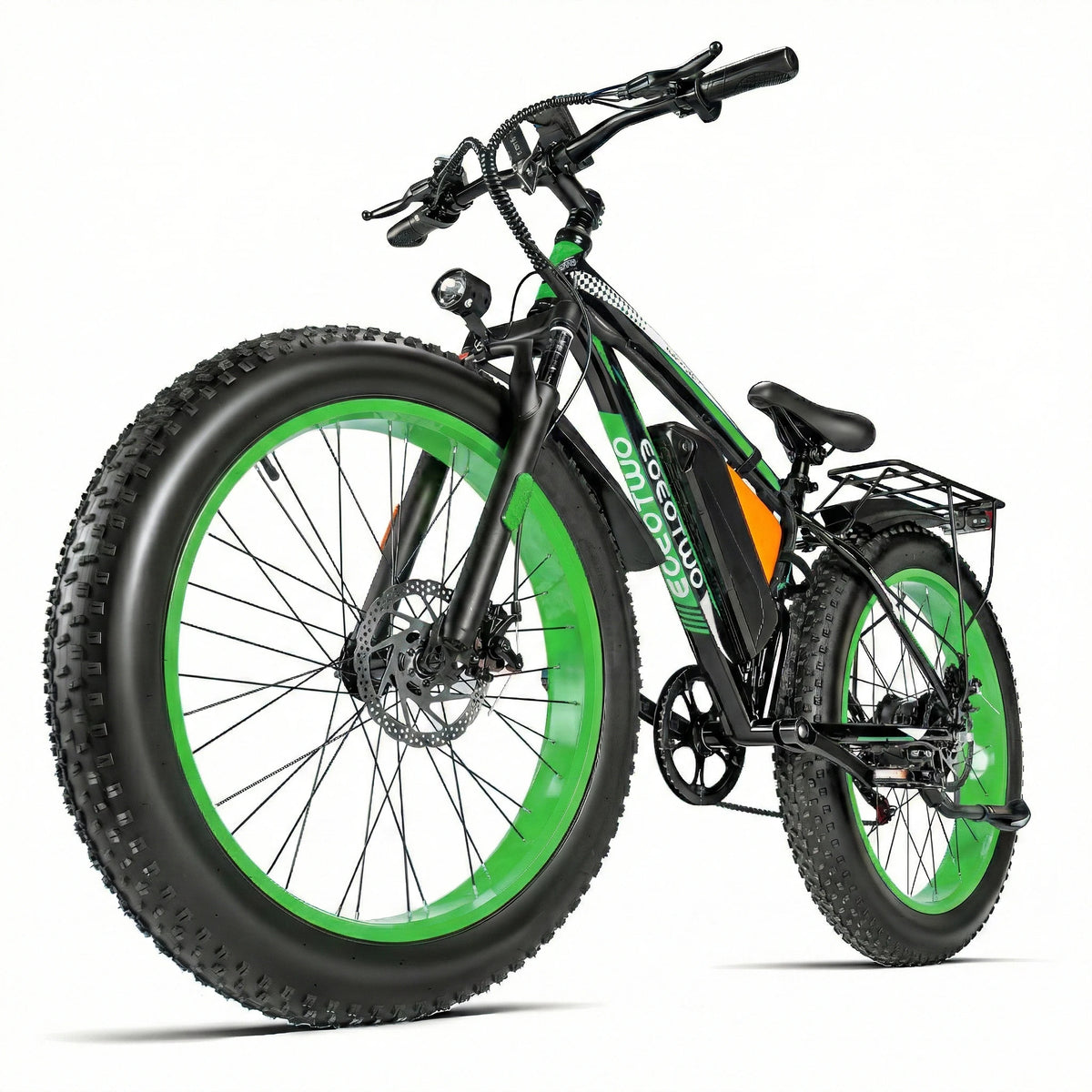 26-inch fat-tire electric bike by S And B Enterprise with green rims, black frame, front headlight