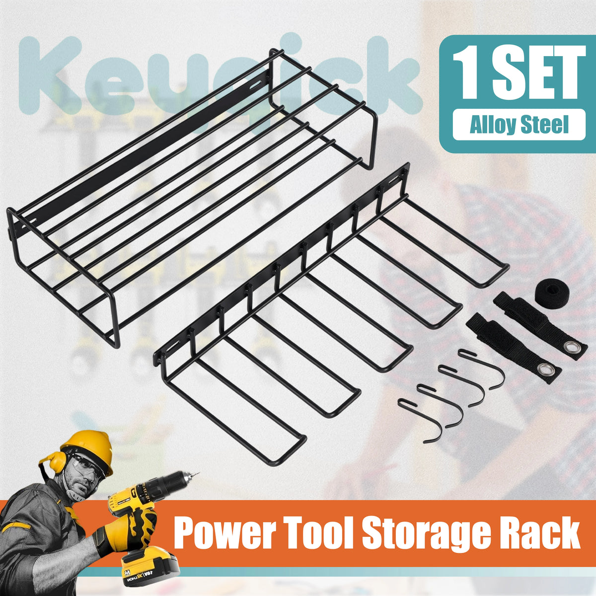 Set of double-layer wall-mounted power tool racks in black metal for drills and accessories