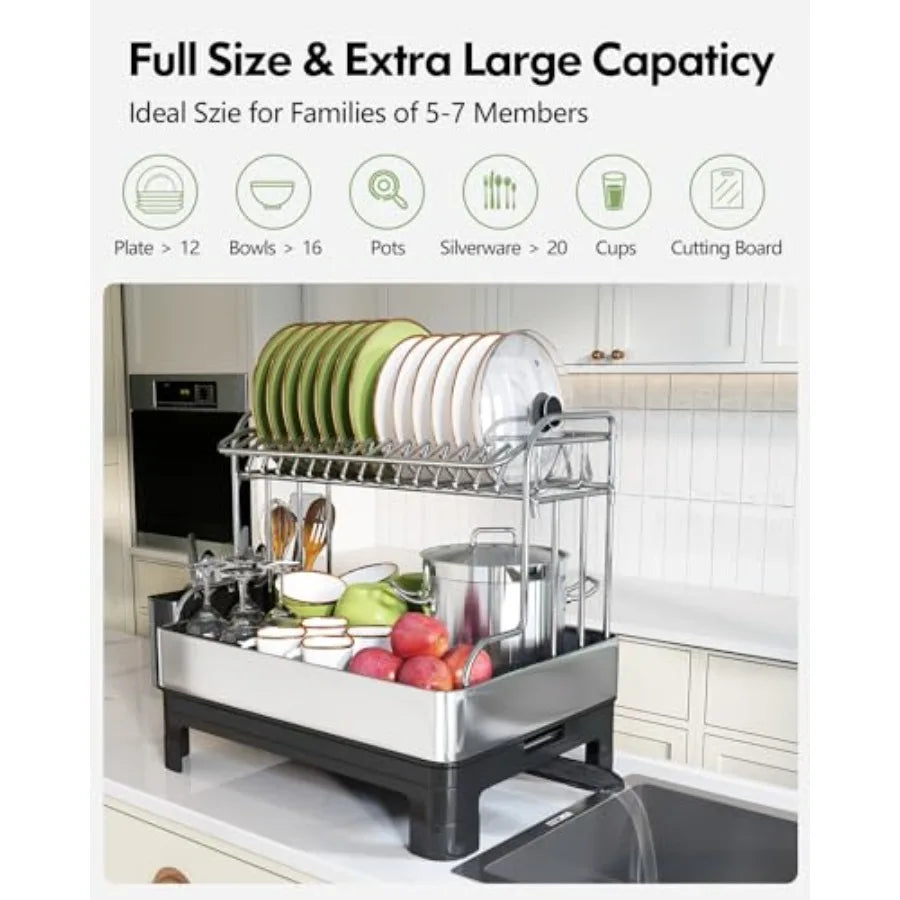 2-tier stainless steel dish drying rack with drain board, silver finish, holds plates and bowls.