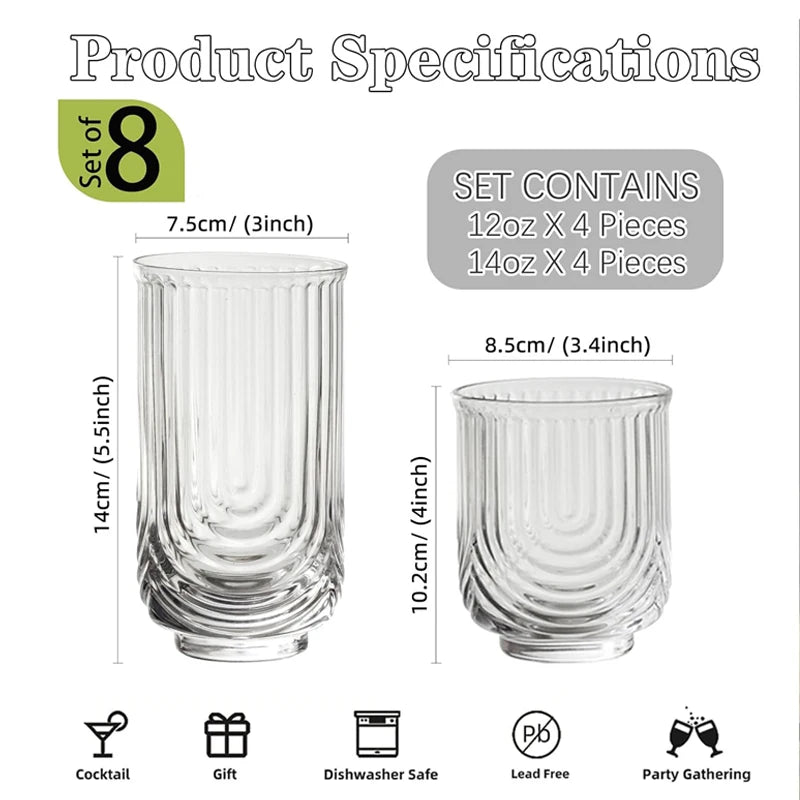 NONEDrinkware 8 Piece Art Deco Ribbed Highball Glass Set