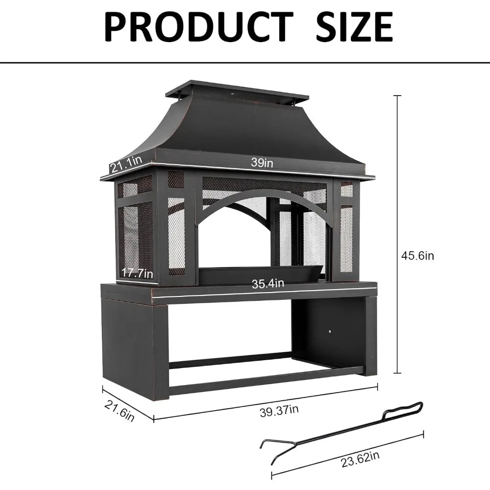 Fire pit, 39-inch black metal outdoor unit with chimney, wood storage shelf, mesh screen and poker