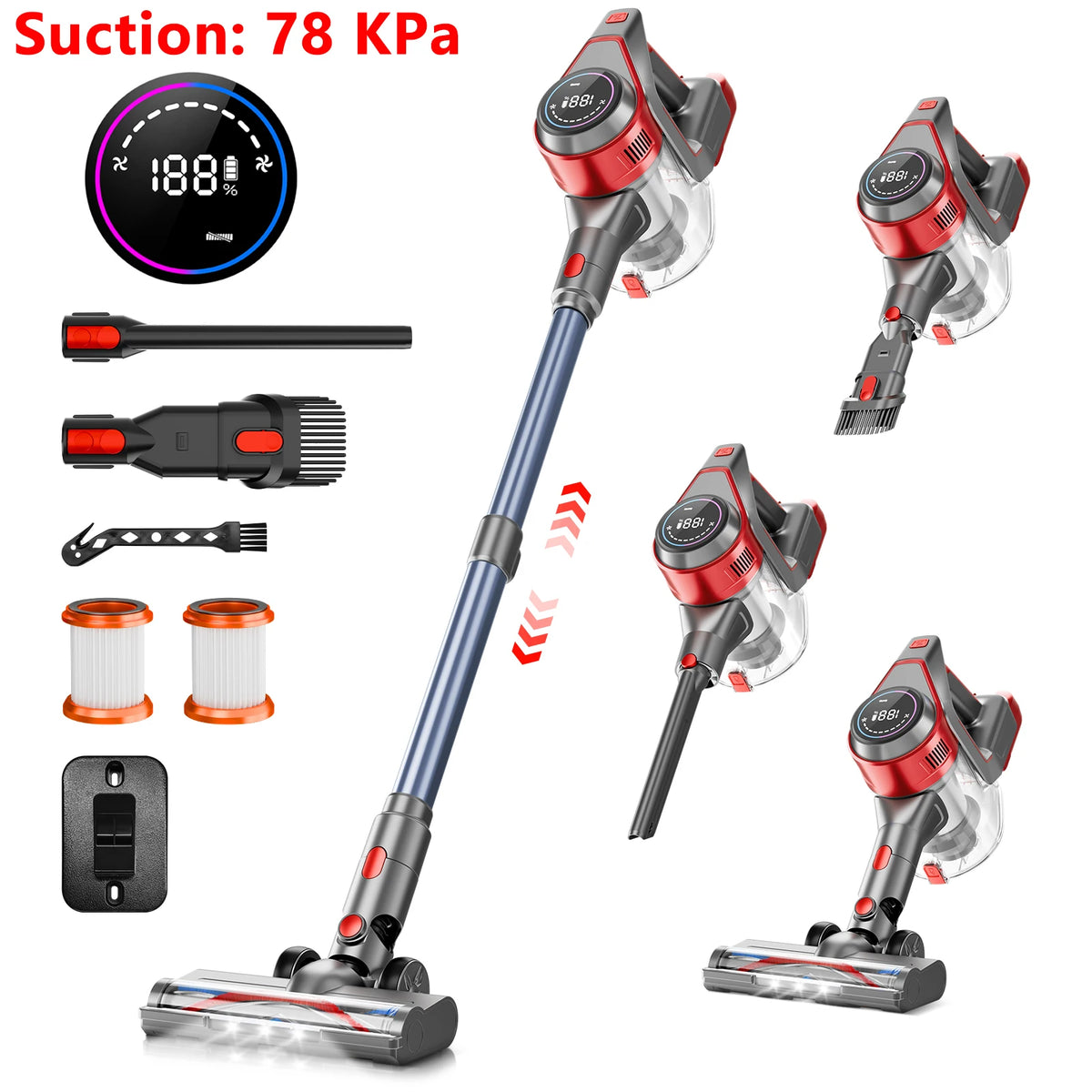 Honki 78KPa cordless vacuum with LED display; red accents, wand, motorized floor brush, and 2 filters