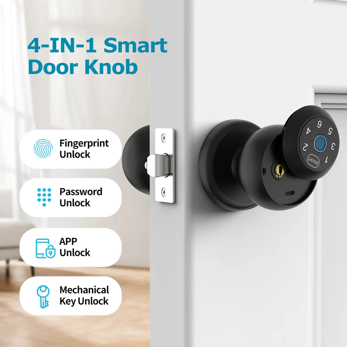 Viladepot 4-in-1 smart door knob with fingerprint unlock, keypad, app unlock, and mechanical key options