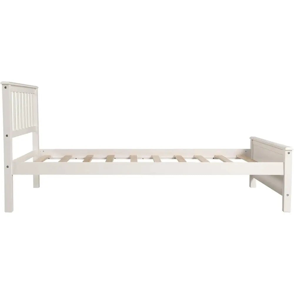 Twin wood platform bed frame with headboard and footboard in white, slat support, no box spring.