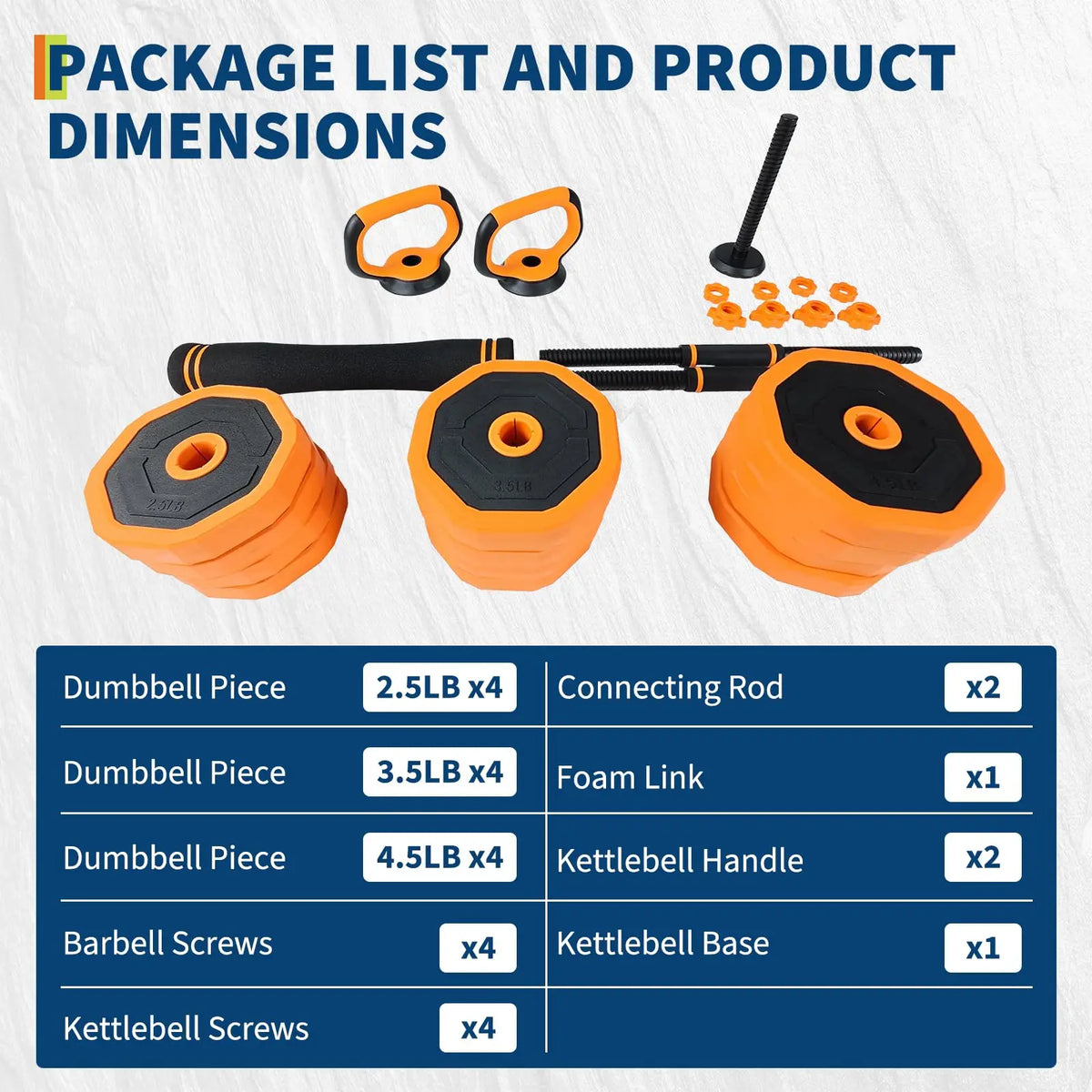 Adjustable dumbbell set, 44 lbs, orange and black with weight plates, connectors and push-up stands for home gym