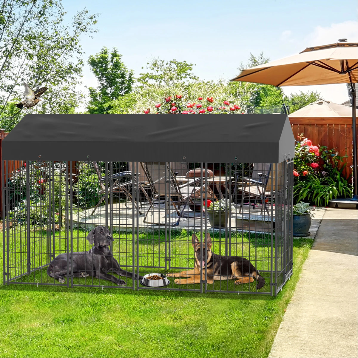 Large outdoor dog kennel with welded wire and dark waterproof canopy; two dogs inside.