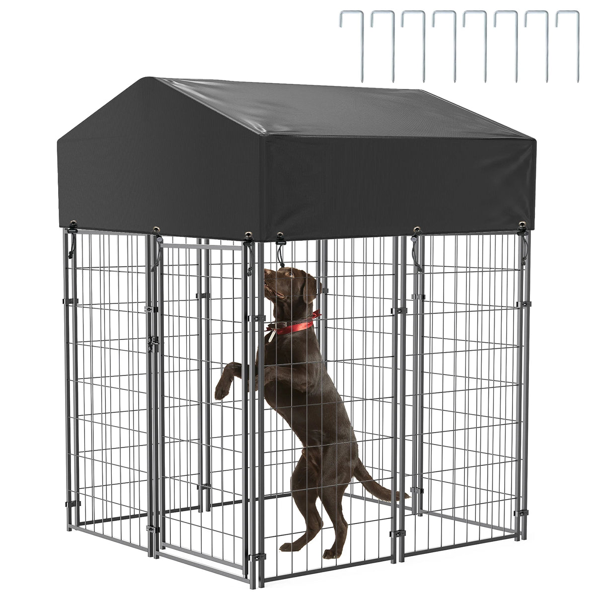 Large outdoor dog kennel with welded wire panels and a black canopy cover, dog inside