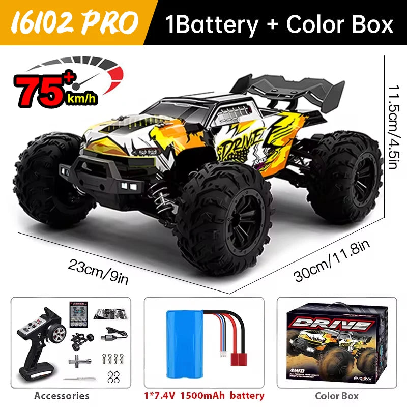 WLtoys 16101 Pro 1:16 RC monster truck with LED lights, 4WD, 75 km/h, includes battery and 2.4G remote