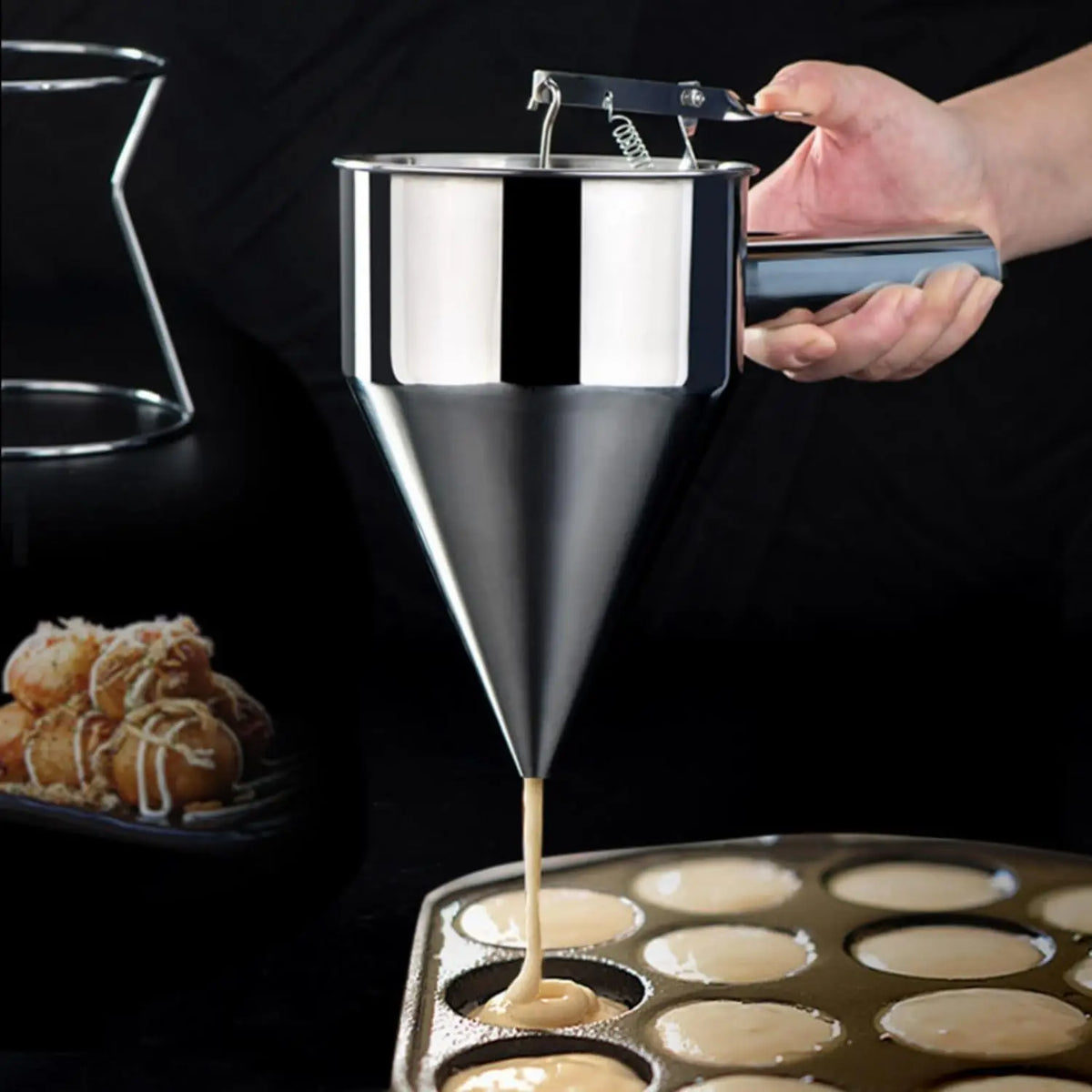 Pancake batter dispenser with four nozzles, stainless steel, on a stand
