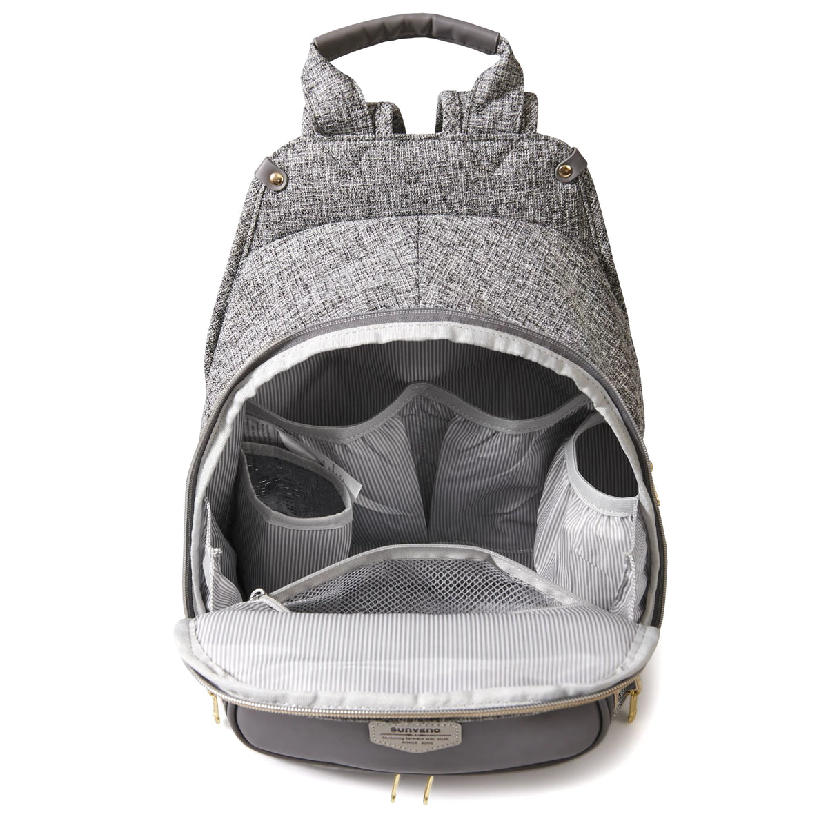 Sunveno diaper bag backpack in gray woven fabric with multiple interior pockets and striped lining