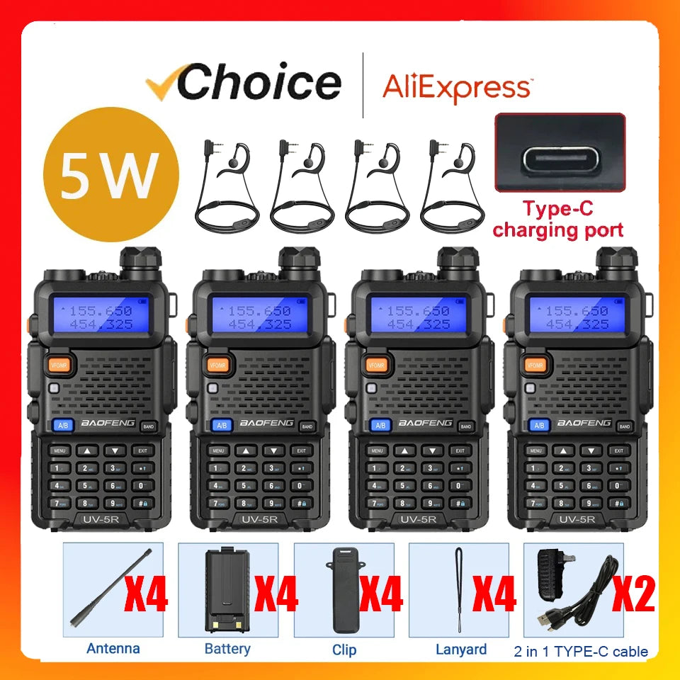 Four black Baofeng UV-5R 5W dual-band radios with 4 antennas, 4 batteries, 4 clips, 4 lanyards and 2 Type-C cables