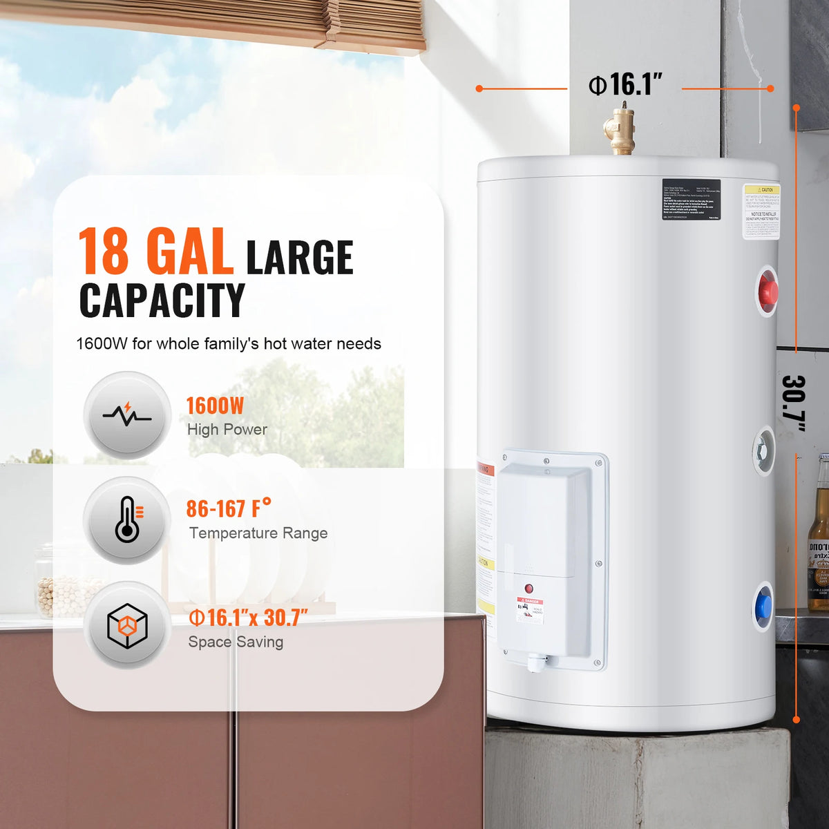 White electric water heater 40/70L with red knob control and side labels