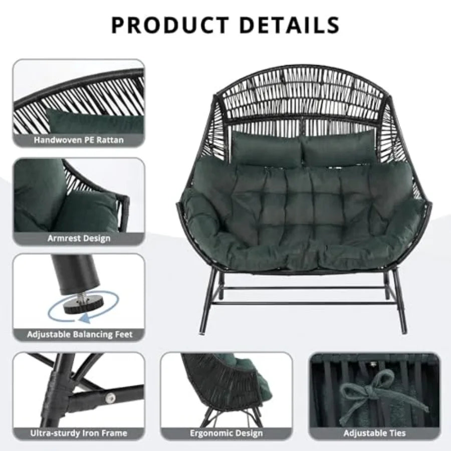 2 Person Egg Chair Indoor Outdoor Steel Frame Cushioned Headrests