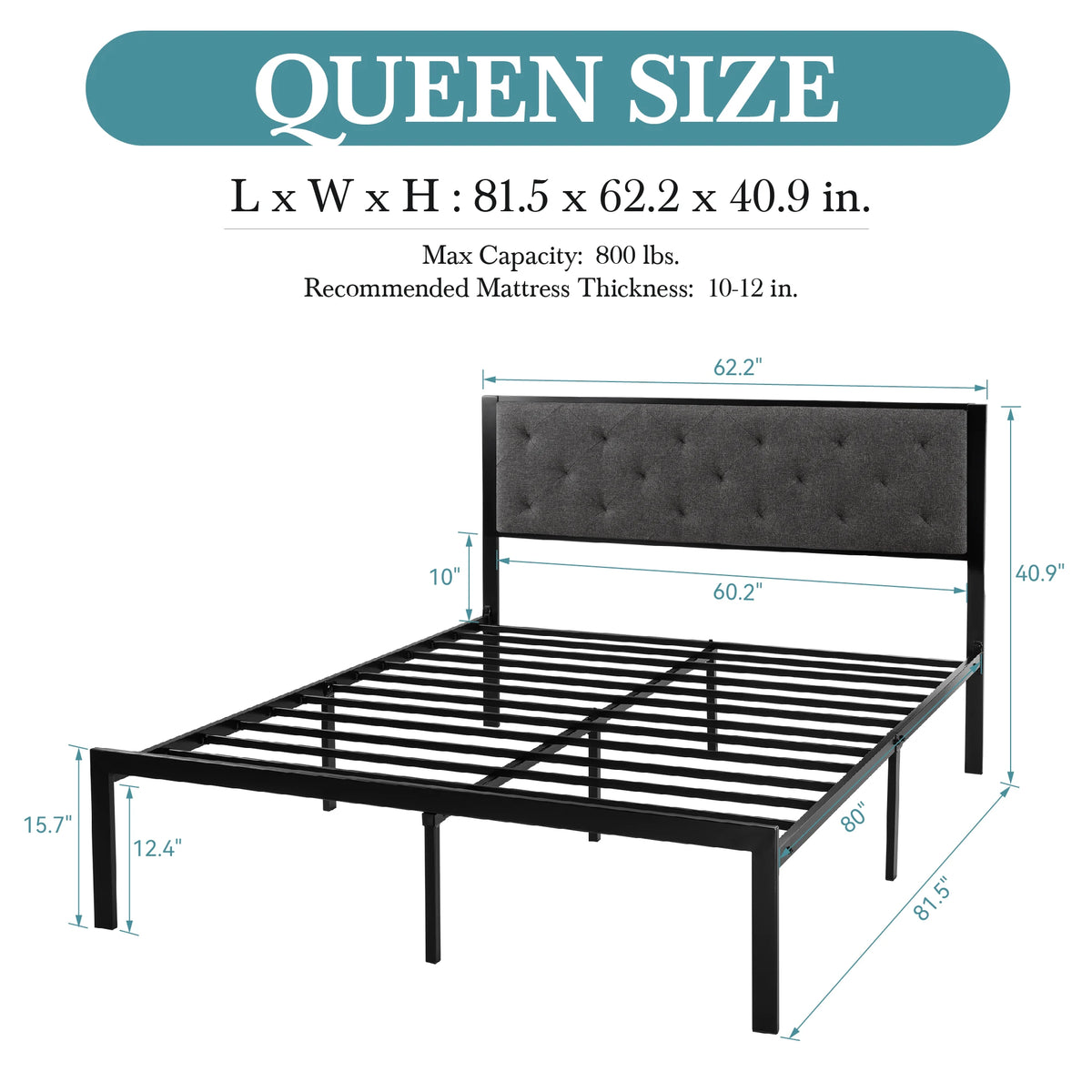 HOOMICH Metal Bed Frame With Upholstered Headboard Linen by S And B Enterprise