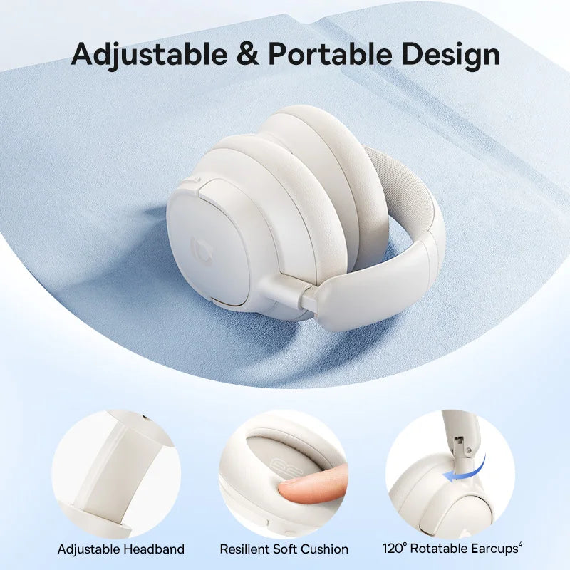 Baseus white wireless over-ear headphones with adjustable headband, soft cushion, and rotatable earcups.