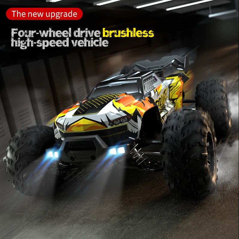 WLtoys 16101 Pro 1:16 4WD RC car with LED lights, orange-yellow camo body, high-speed off-road monster truck