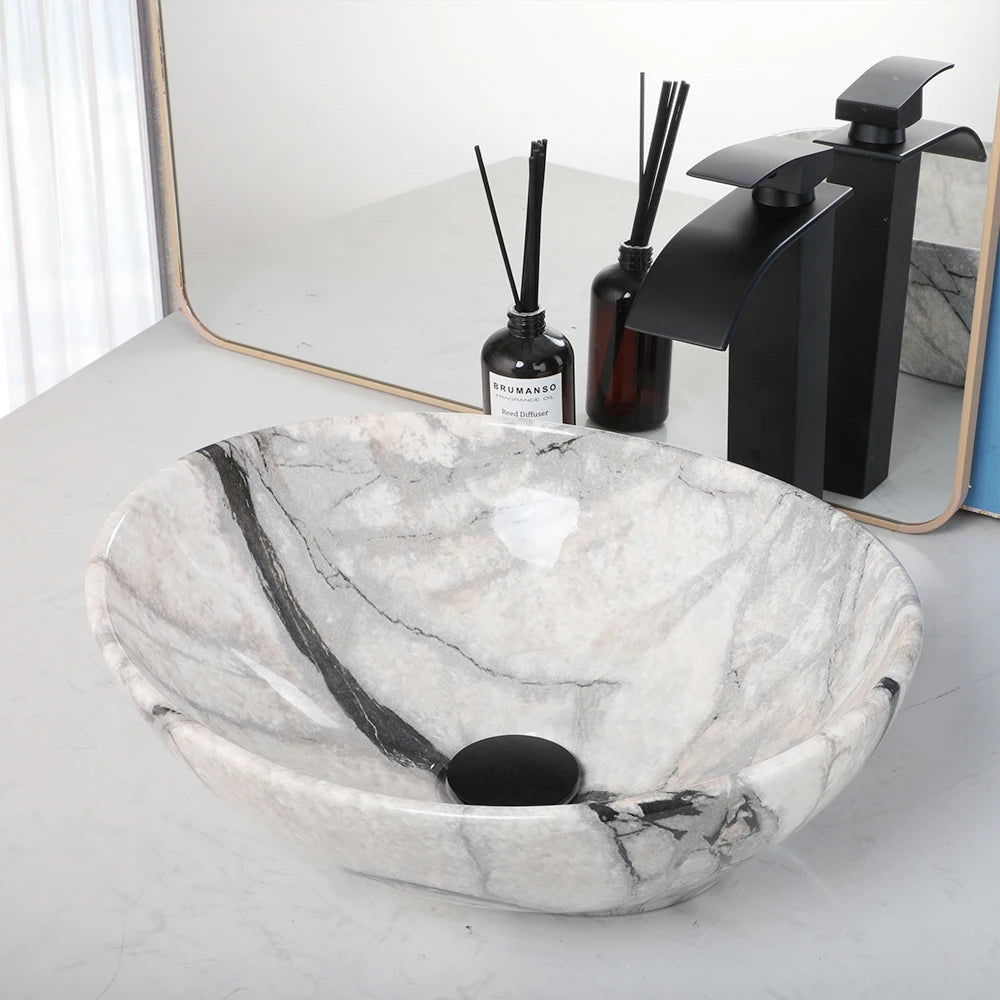 Torayvino Marble Pattern Ceramic Vessel Sink Set Matte Faucet by S And B Enterprise