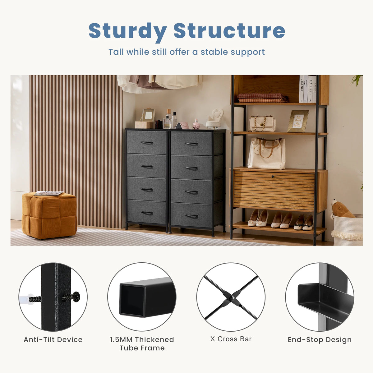 JHK dresser with four gray fabric drawers and a black steel frame in a bedroom with wood-and-metal shelving.