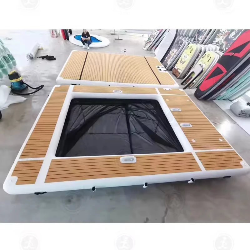 13ft x 10ft inflatable pool dock with wood-plank deck and central pool for yacht, boat or lake use