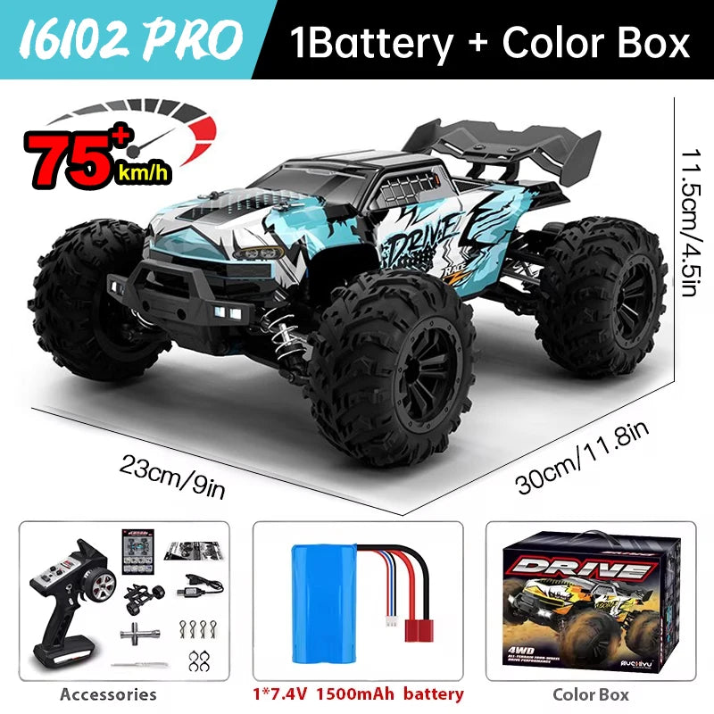 WLtoys 16101 Pro RC car, blue camo 4WD monster truck with LED, 2.4G remote, 7.4V 1500mAh battery, S And B Enterprise