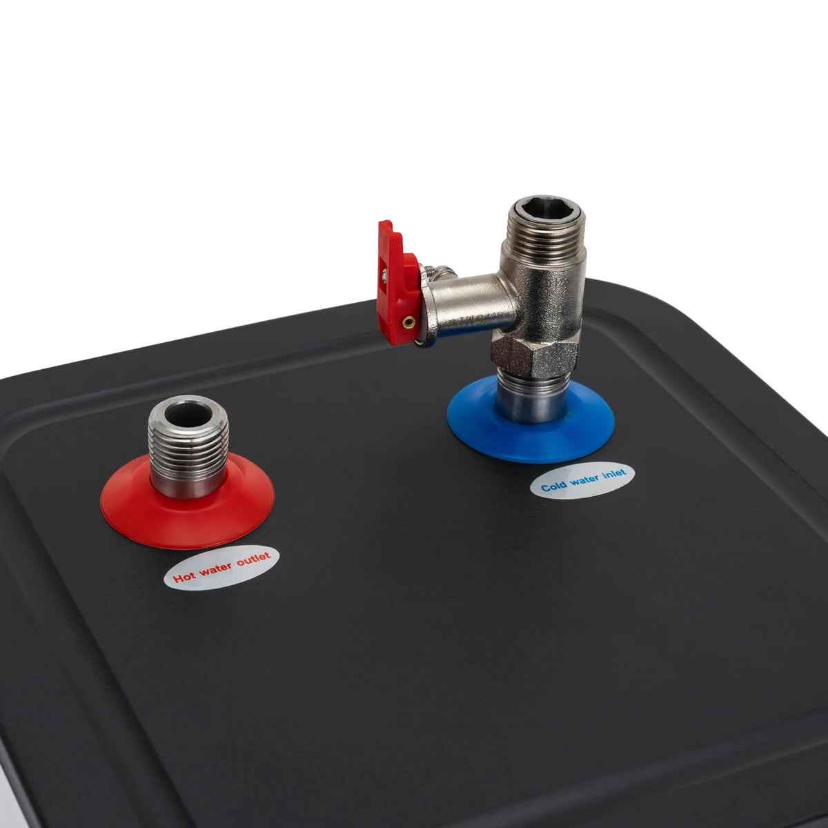 8L instant under-sink water heater with red hot water outlet valve and blue cold inlet fittings.