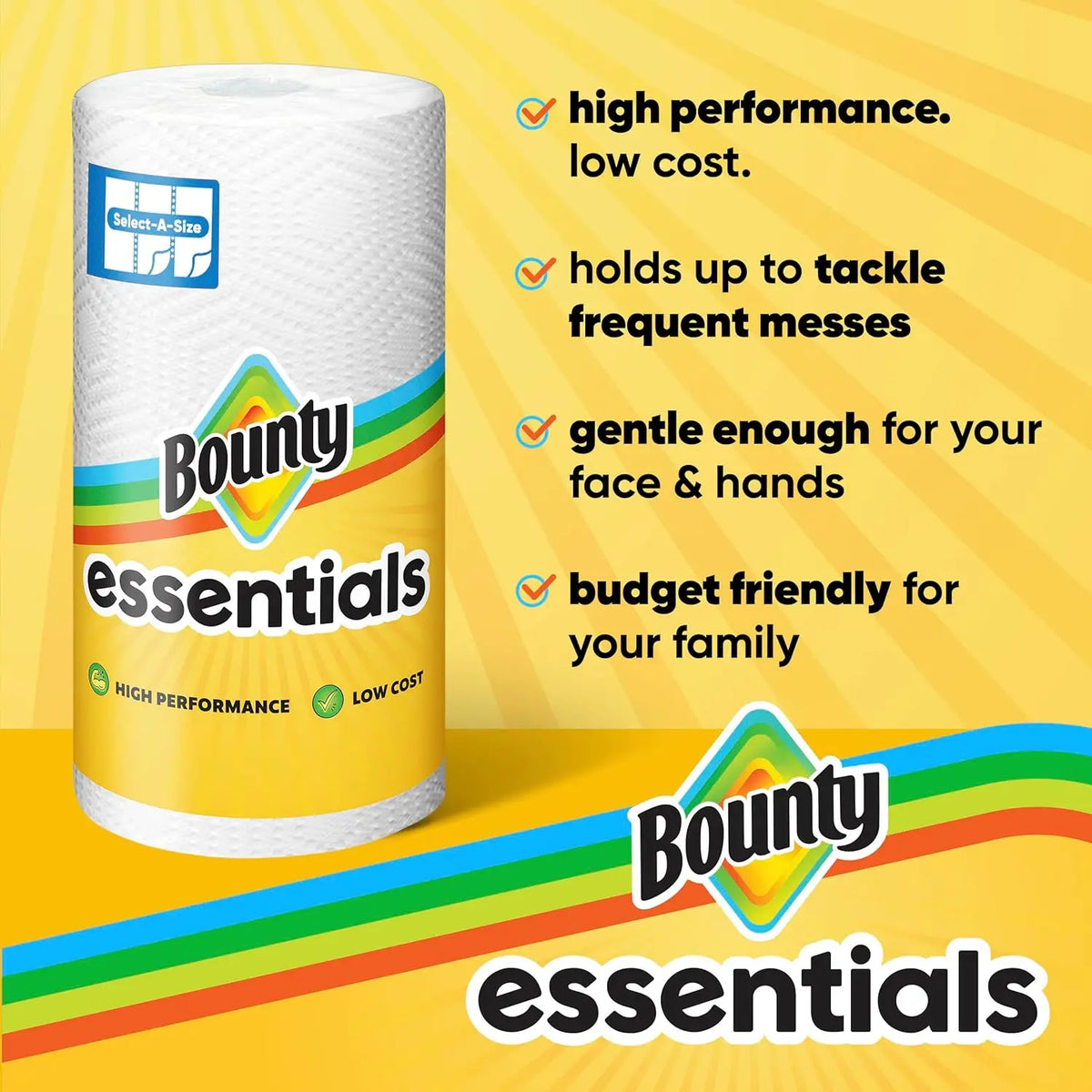 Paper towel roll, Bounty Essentials Select-A-Size, white with rainbow stripe on a bright yellow background