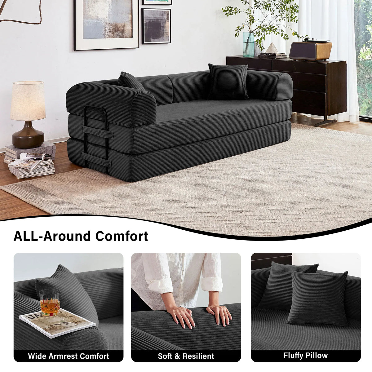 Boneless 79-inch foldable futon sofa bed in dark gray fabric with L-shaped armrests by S And B Enterprise