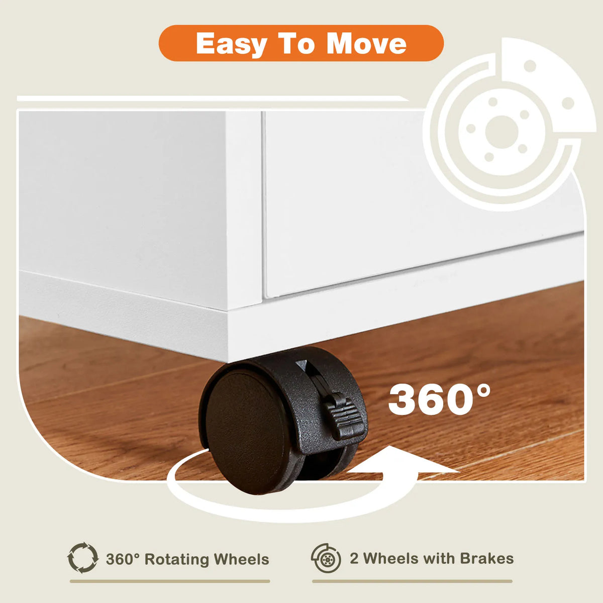 JHK wood nightstand cabinet with 5 drawers, white finish, on 360° rotating wheels