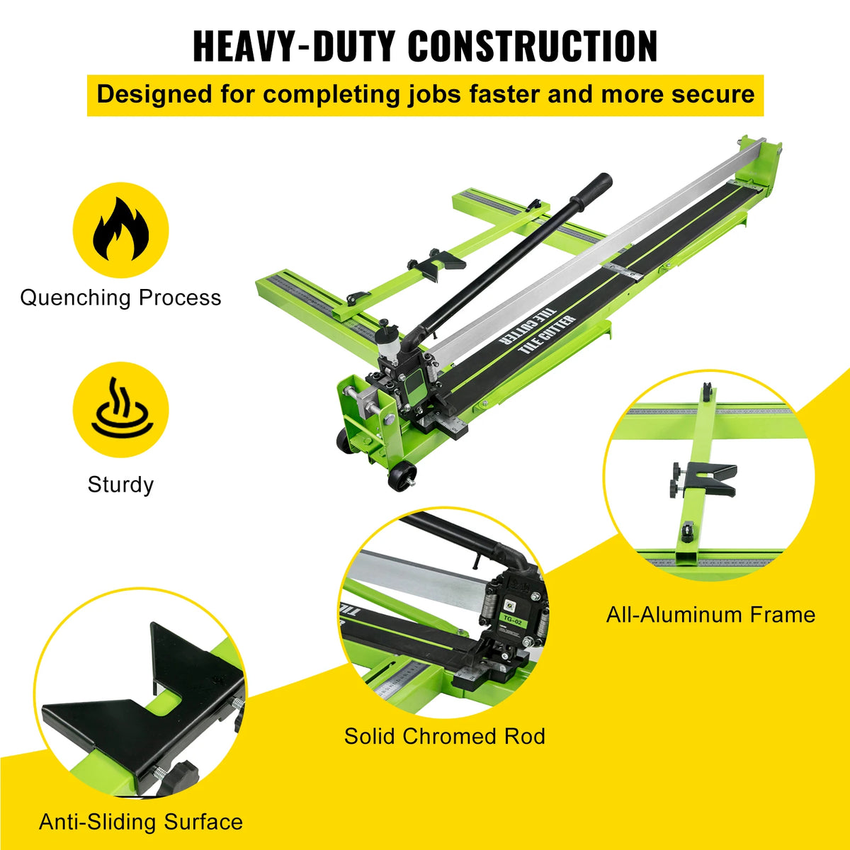 Manual tile cutter for porcelain with infrared laser positioning; green all-aluminum frame, solid chromed rod