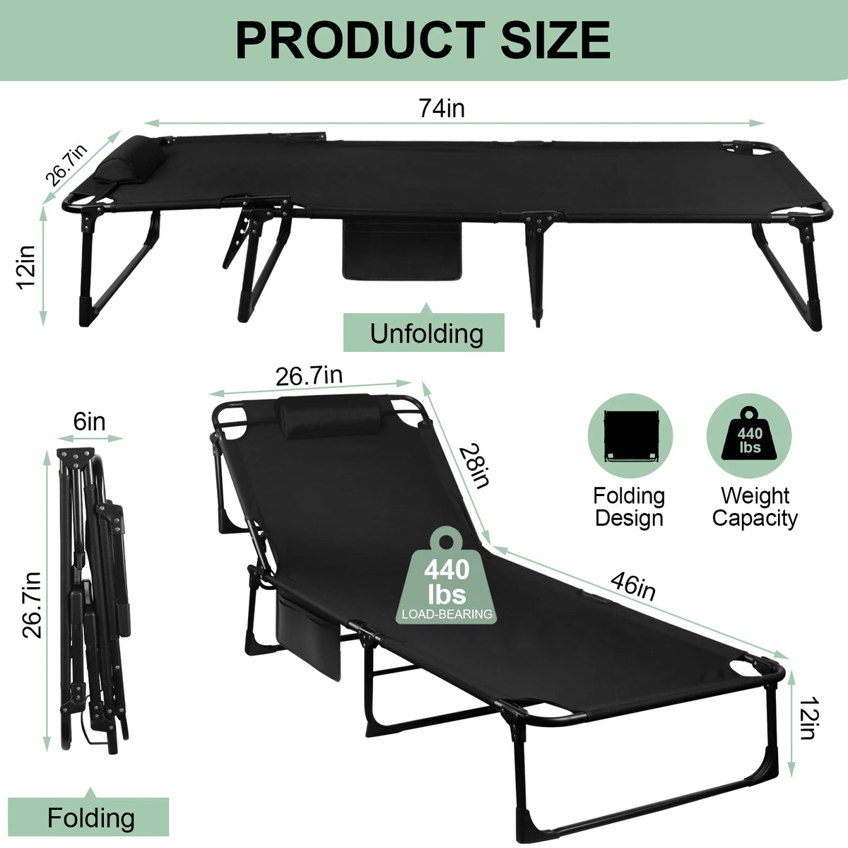 Portable Folding Camping Cot With Pillow And Three-Position Reclining Lounge by S And B Enterprise