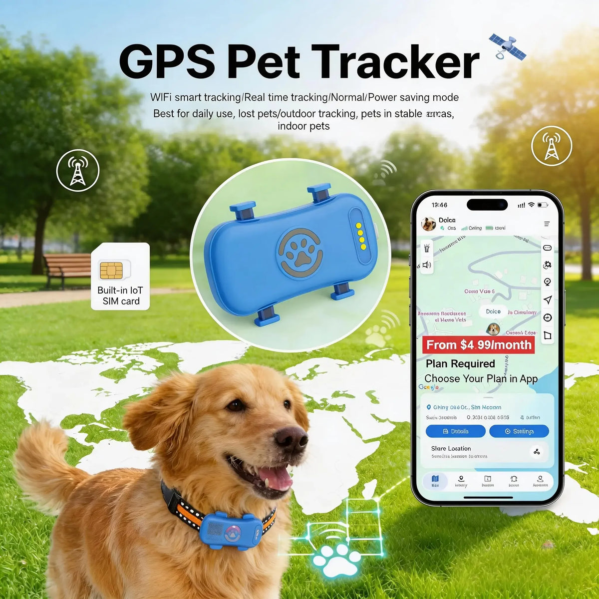 GPS Pet Tracker 4G on a dog's blue tracker; built-in SIM with real-time tracking and phone map.