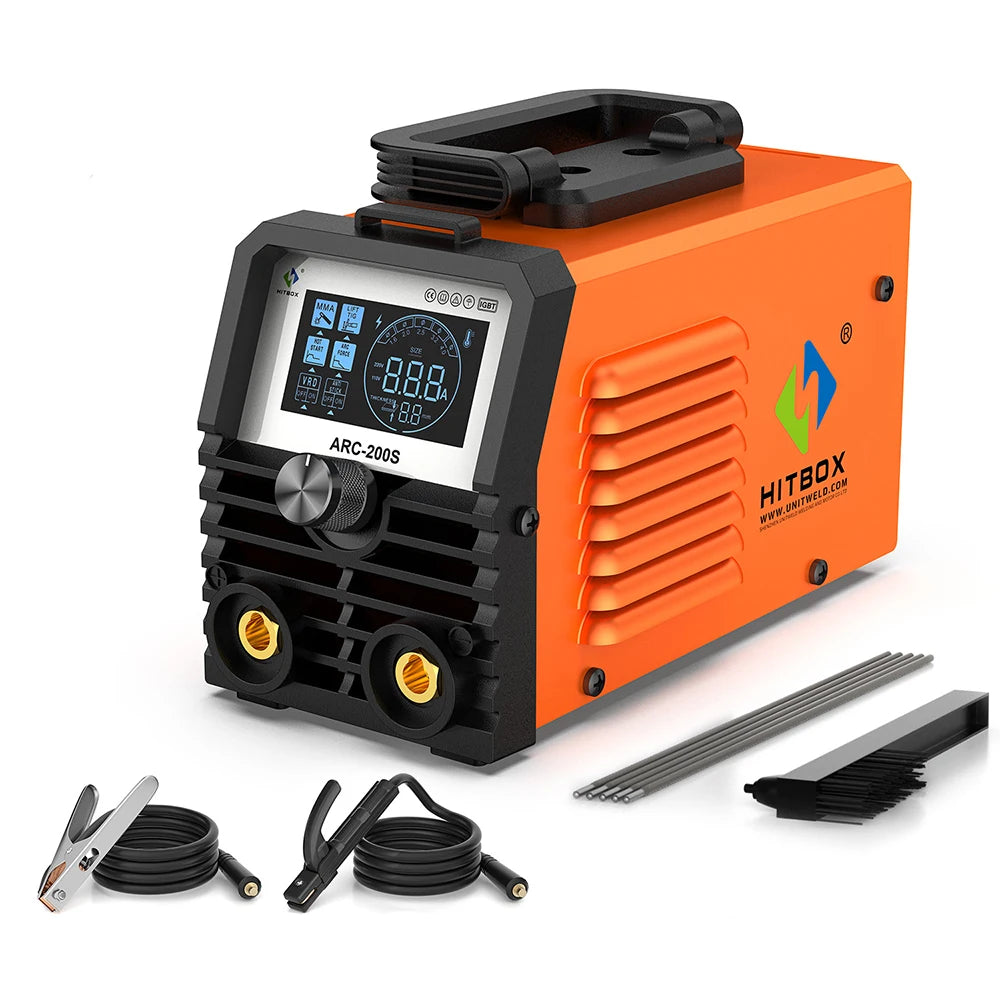 Hitbox ARC-200S portable MMA welding machine with LED display; orange unit with clamps, cables, and accessory rods.