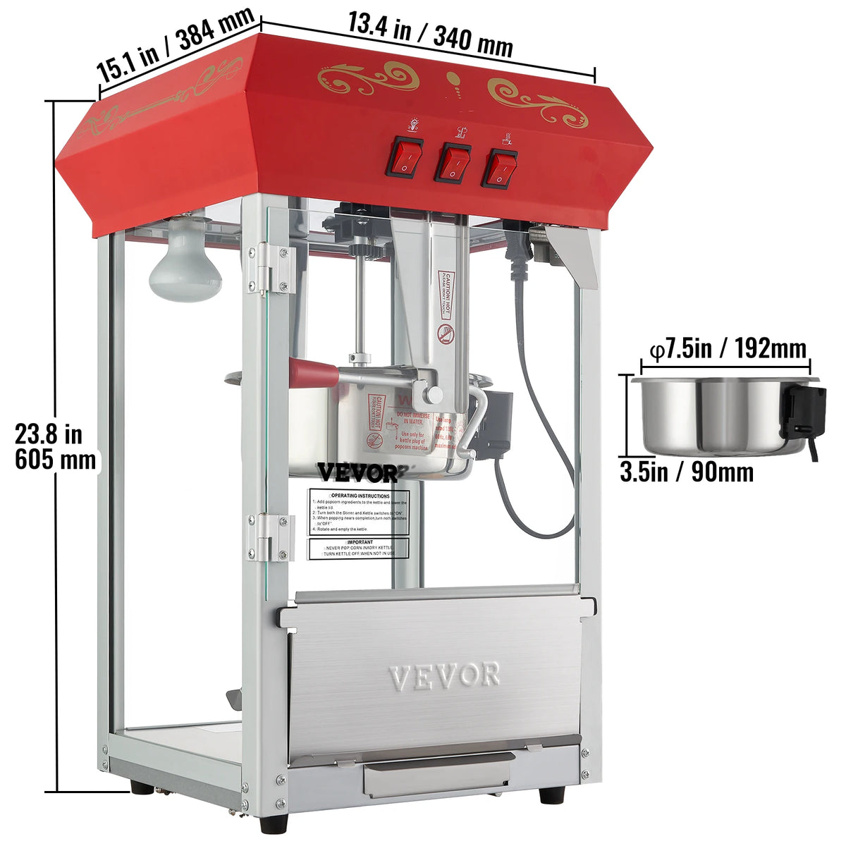 VEVOR commercial electric popcorn maker with red top housing and stainless kettle