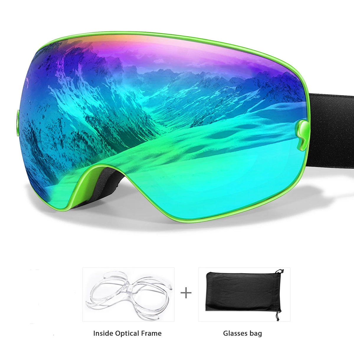 Winter ski goggles with neon green frame and mirrored UV400 anti-fog lenses; includes optical frame and bag