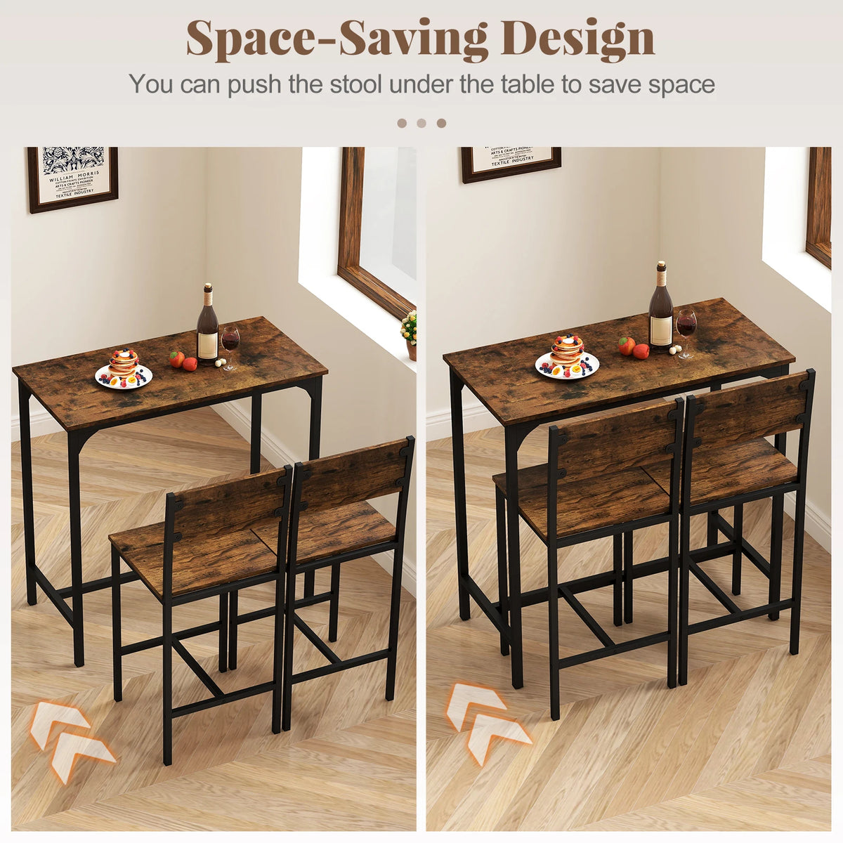 3-piece bar table and chair set with rustic wood top and black metal frame, includes 1 table and 2 stools