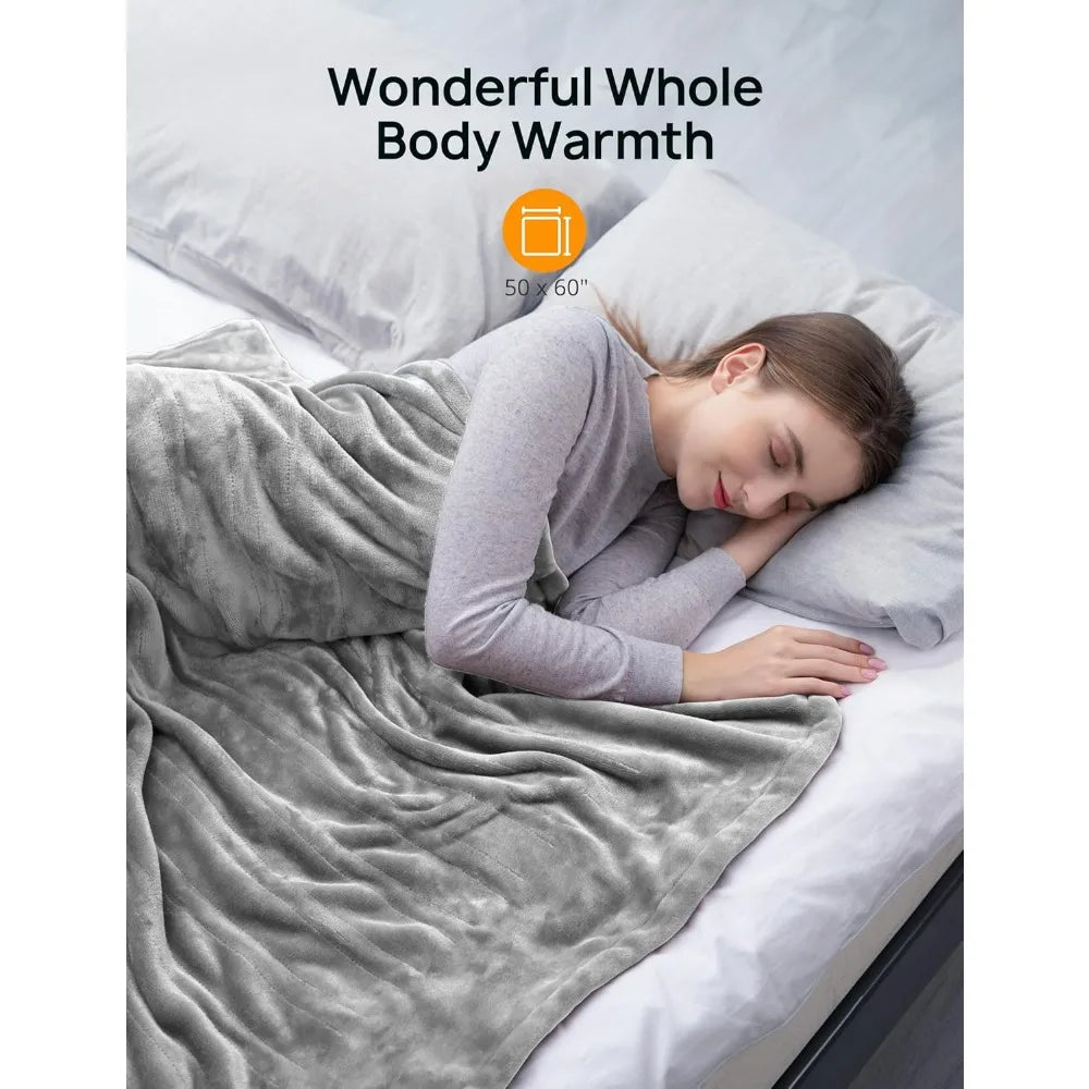 Electric heated blanket 60 x 50 in, soft gray flannel with fast heating, 10 heat levels, 1–12h timer