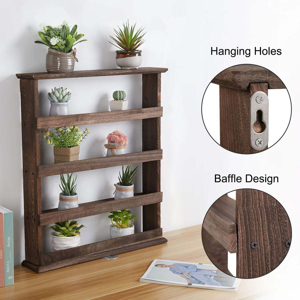 Wall-mounted spice rack by S And B Enterprise; rustic torched-wood, 4-tier jar storage organizer