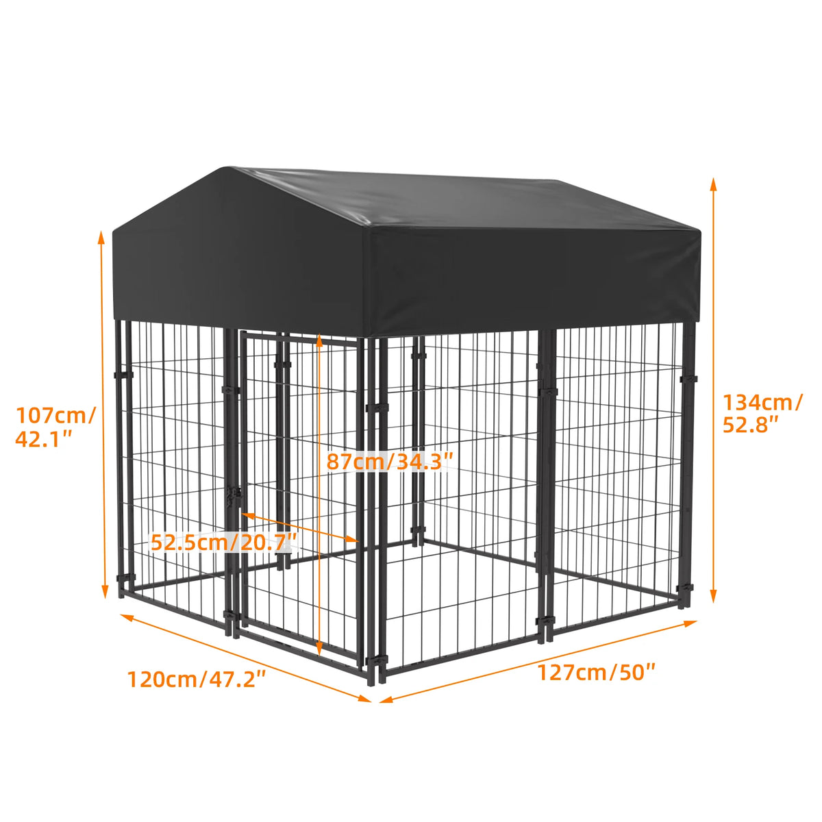 Large outdoor dog kennel with welded-wire frame and black waterproof canopy