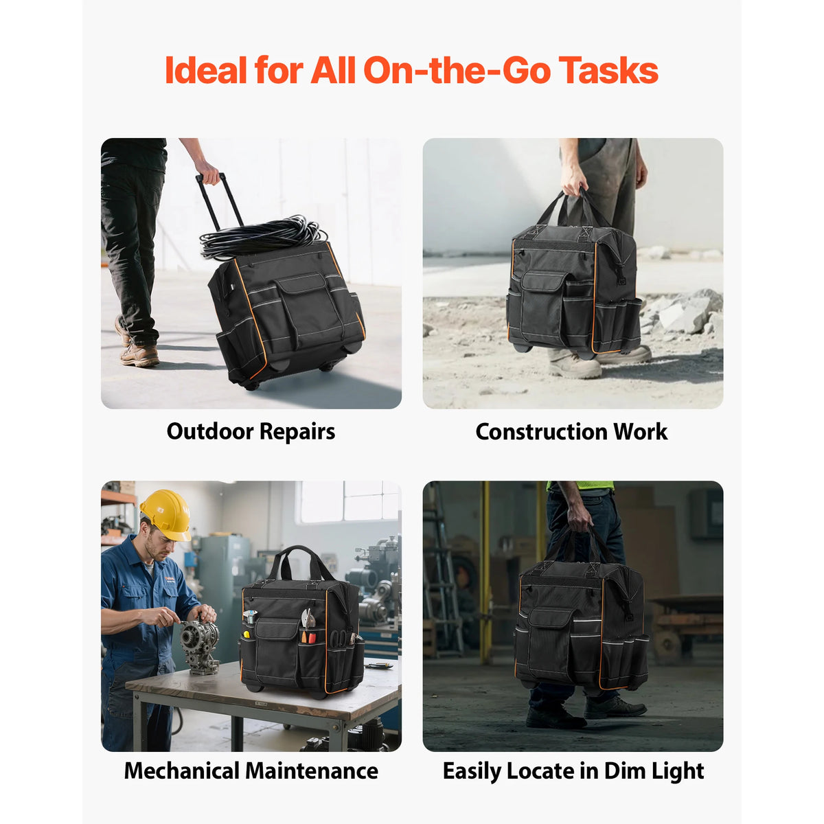 Two SucceBuy rolling tool bags on wheels with telescoping handles, black with orange trim, 25-pocket organizers