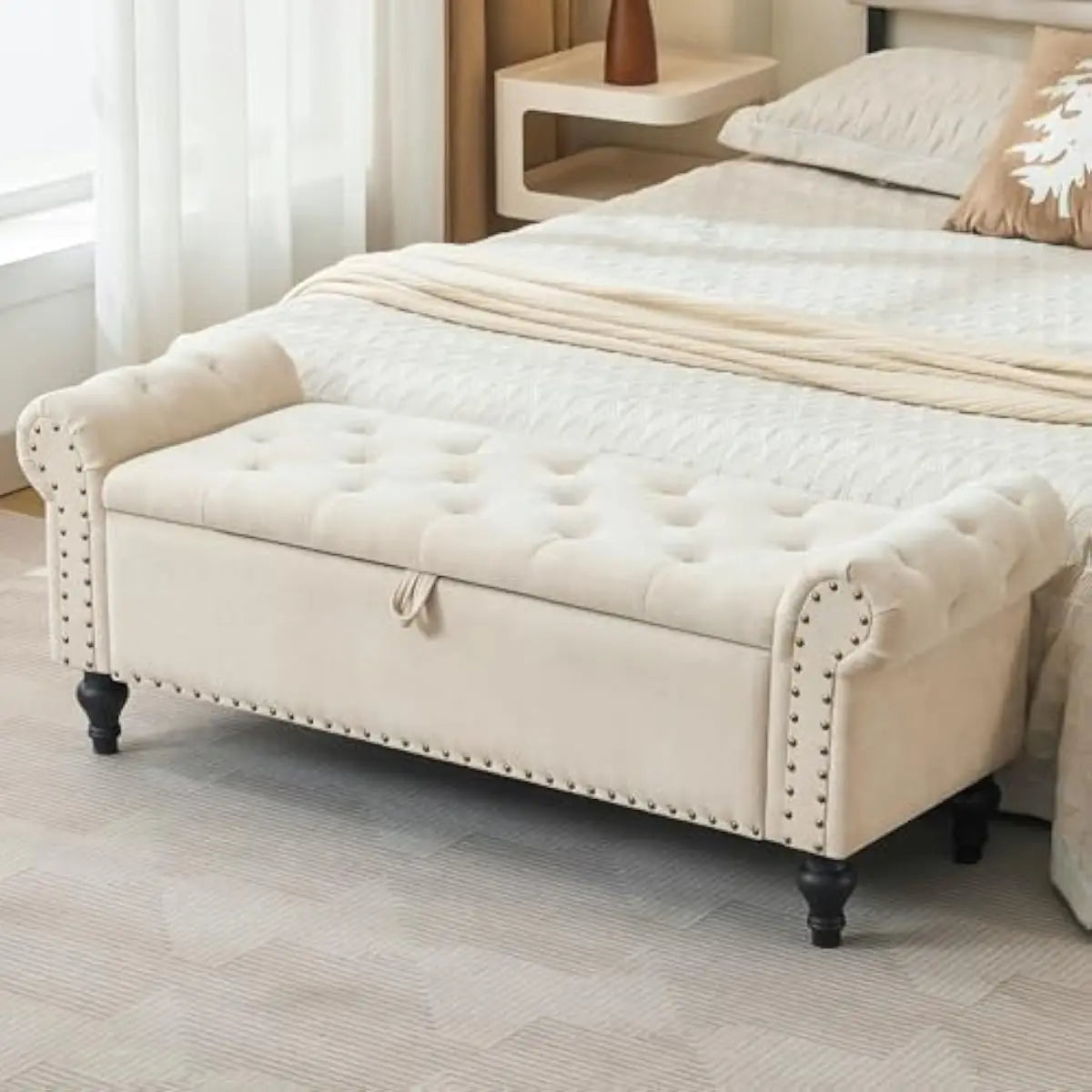 51-inch storage bench, beige chenille upholstery, tufted top with nailhead trim