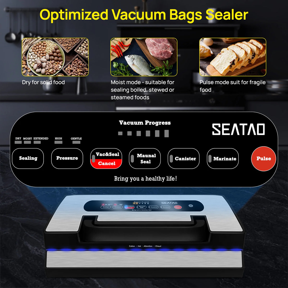 Seatao VH5188 vacuum sealer with built-in cutter, black stainless steel body