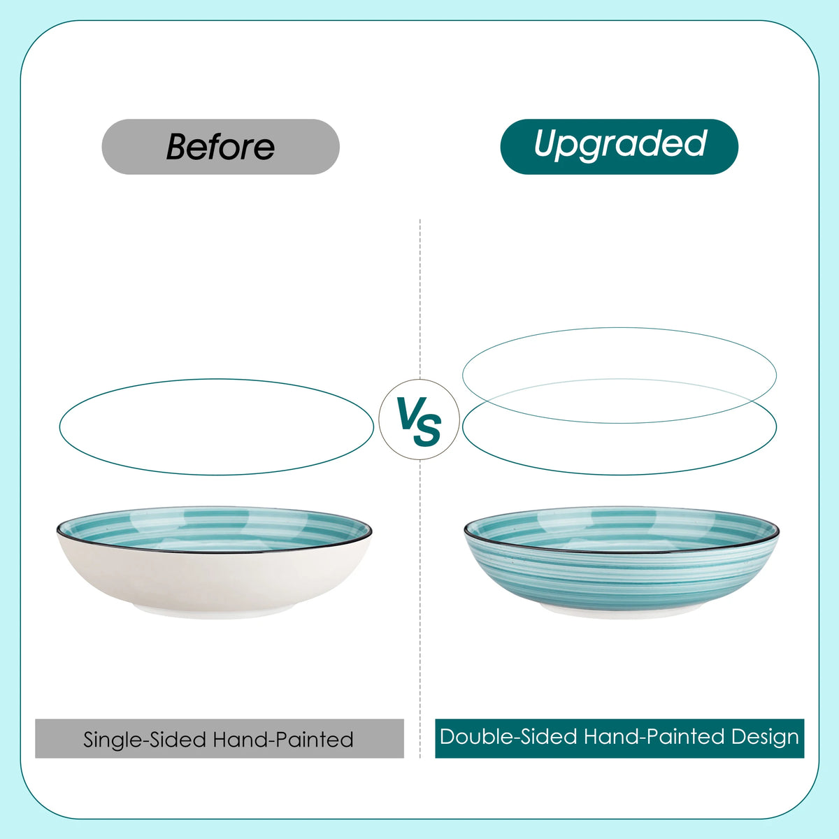 Vancasso blue two-sided hand-painted dinnerware set; two bowls shown, one teal-striped interior